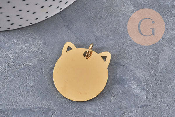Pendentif tête de chat acier 201 inoxydable doré 29mm personnalisable, x1 (G11017)