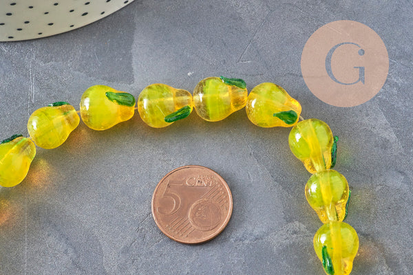 Perles Poire fruit verre tchèque artisanal 14mm, x1 fil de 28cm VALIDE