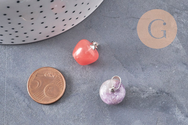 Apple pendant, natural stone, stainless steel, platinum finish, 14-15mm, x1 (G7109)