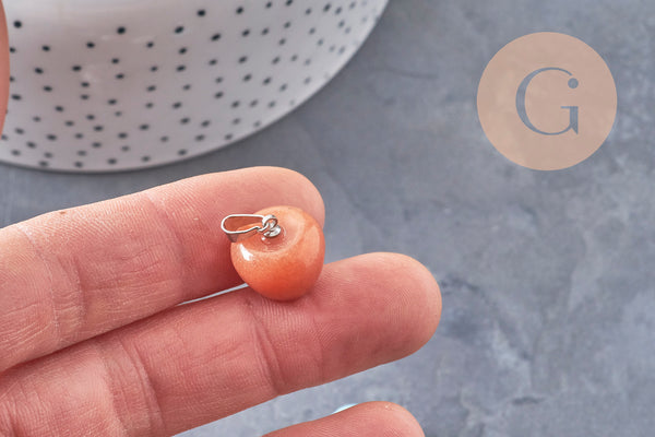 Apple pendant, natural stone, stainless steel, platinum finish, 14-15mm, x1 (G7109)