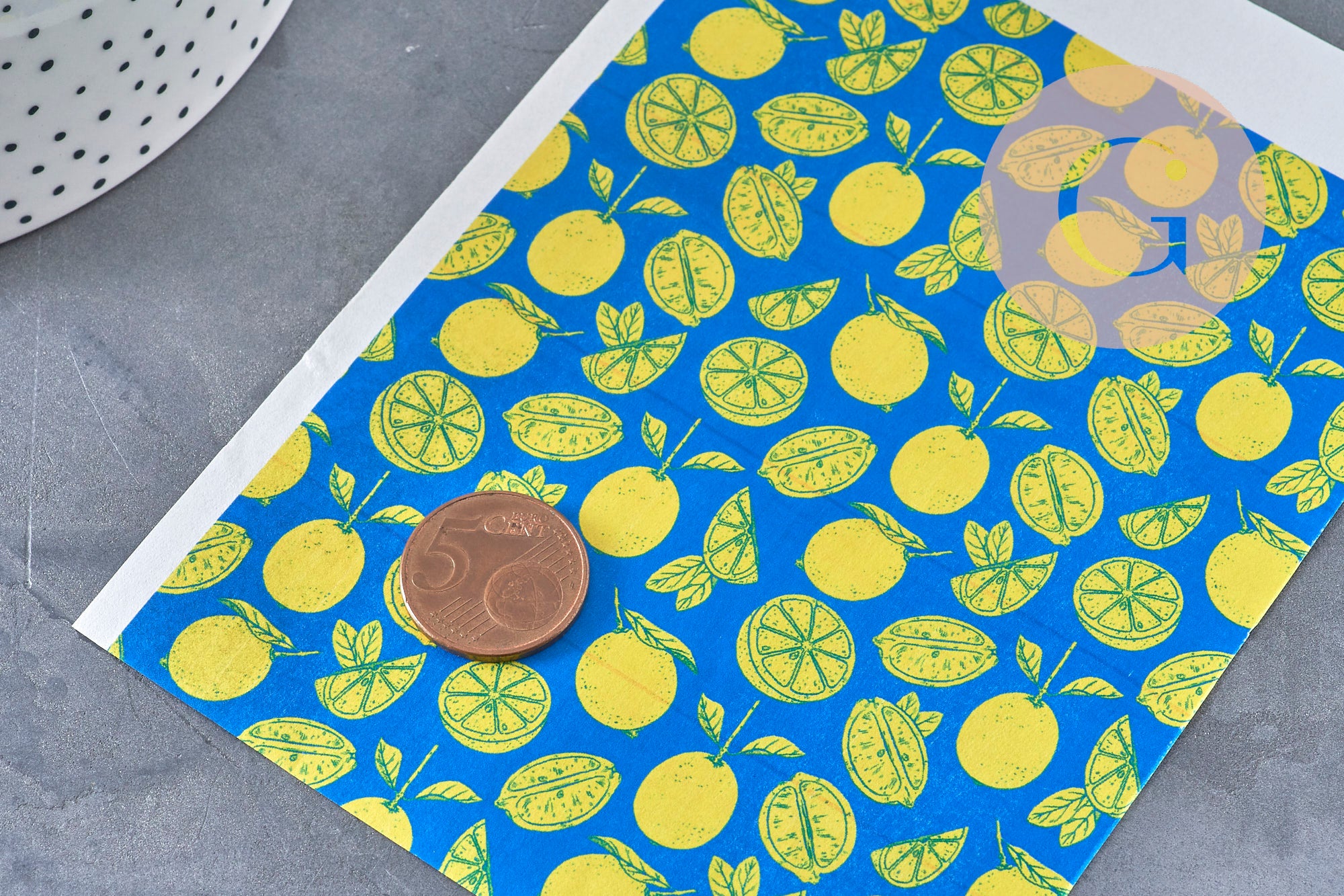 Feuille de transfert polymère – Motif Citrons Fond bleu 14x10 cm, x1 (G11010)