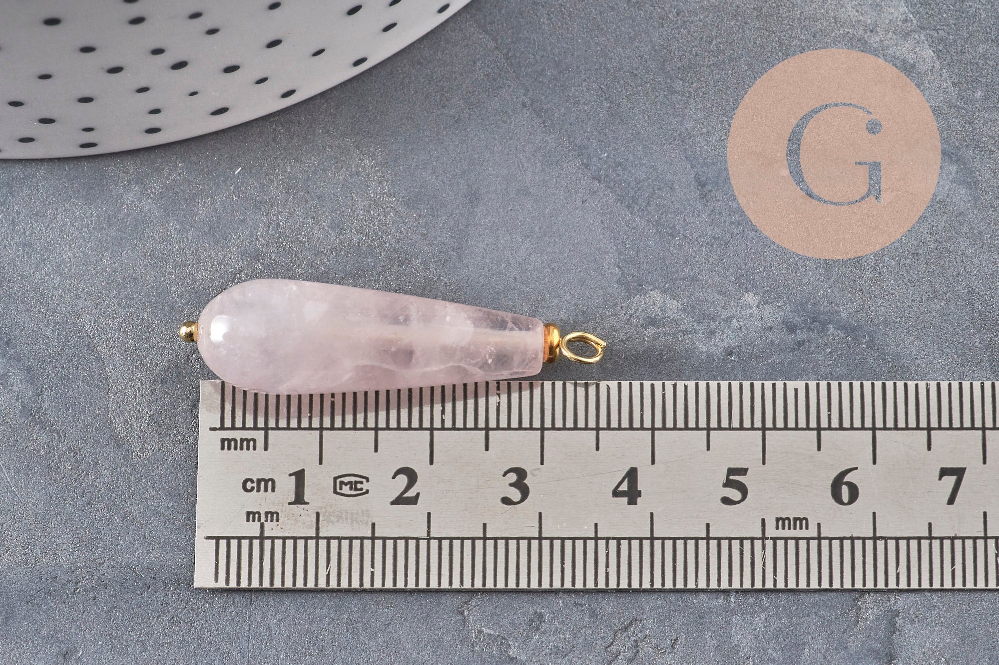 Pendentif goutte quartz rose naturel laiton & acier doré 38mm, x1 (G11052)