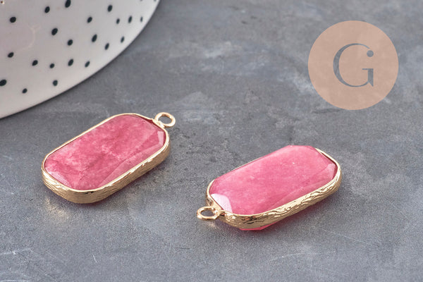 Pendentif rectangle jade naturel rose facettes laiton doré 31mm, x1 (G11043)