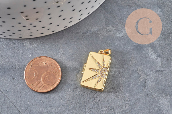 Pendentif locket rectangle laiton doré 18K étoiles zircons 23.5mm, x1 (G11042)