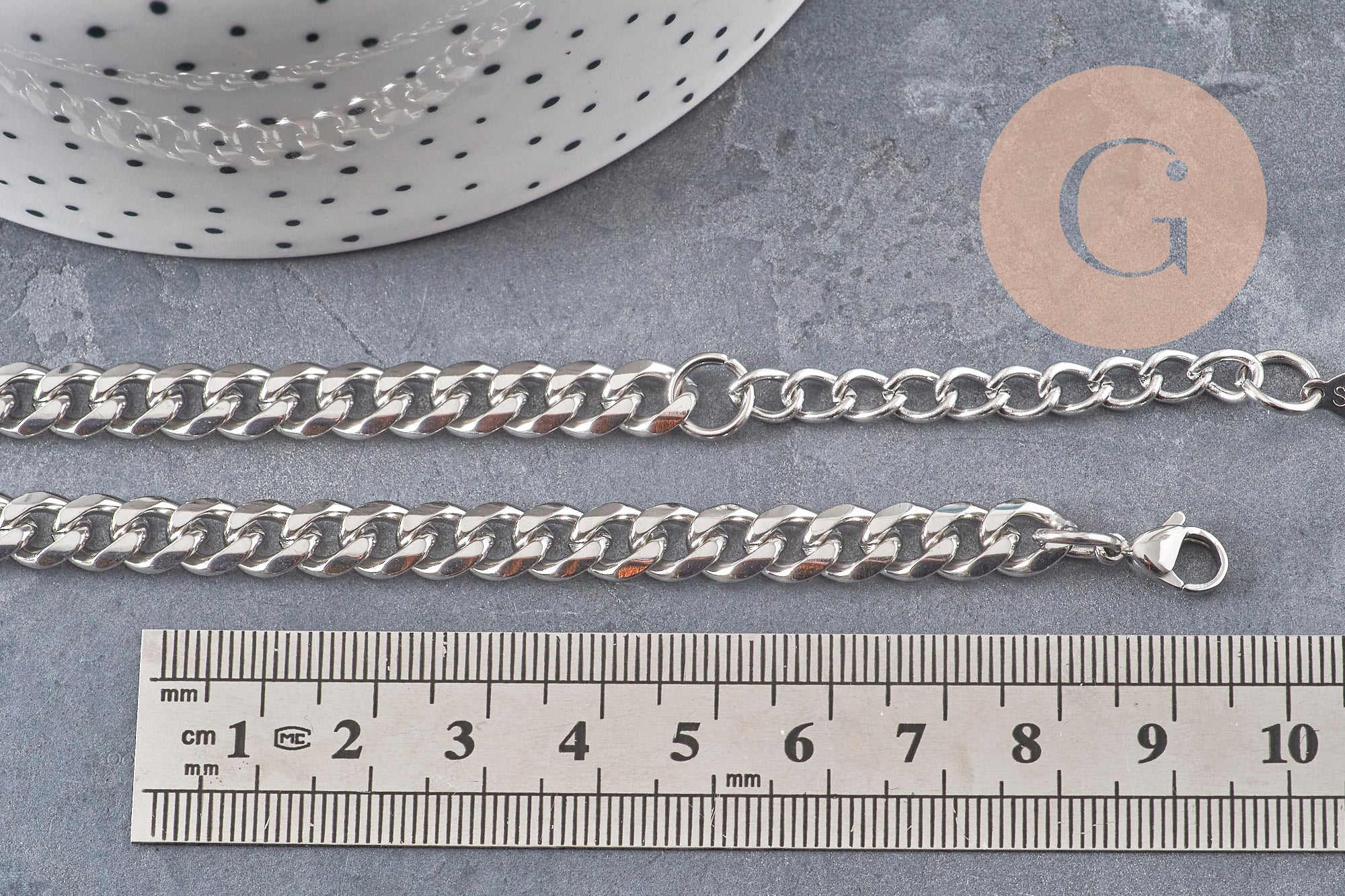 Collier Chaine maille cubaine diamantée acier inoxydable platine 9mm/41cm, x1 (G11055)
