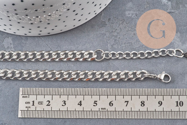 Collier Chaine maille cubaine diamantée acier inoxydable platine 9mm/41cm, x1 (G11055) VALIDE