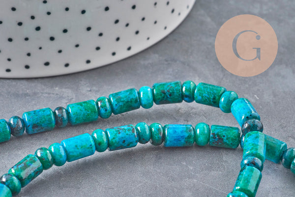 Perle tube en chrysocolle naturelle verte 6x3-9mm, x1 fil de 38cm (G1221)