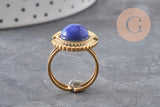 Bague réglable pierre bleue acier inoxydable doré PVD Taille 53, x1 (G11078)