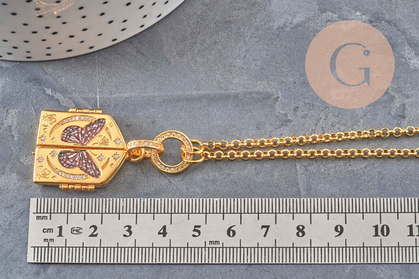 Collier pendentif locket papillon personnalisable cuivre doré zircons , x1 (G11069) VALIDE