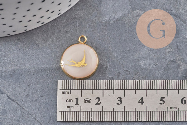 Pendentif rond motif hirondelle acier 304 inoxydable doré 16mm, x1 (G11104) VALIDE