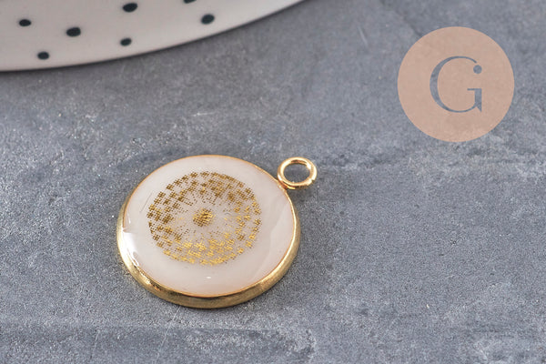 Pendentif rond motif pissenlit acier 304 inoxydable doré 16mm, x1 (G11103)