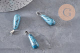 Pendentif goutte agate naturelle bleu acier inoxydable platine 28mm, x1 (G11117)