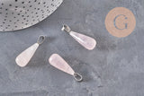 Pendentif goutte quartz rose naturel acier inoxydable platine 28mm, x1 (G11118)