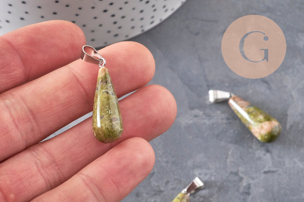 Pendentif goutte unakite vert naturel acier inoxydable platine 28mm, x1 (G11119)