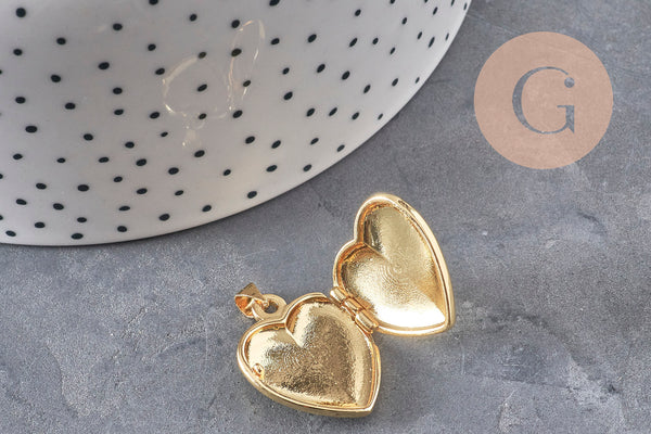 Pendentif locket cœur porte-photo laiton doré 18K 20.5mm, x1 (G11157)