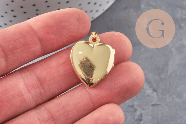 Pendentif locket cœur porte-photo laiton doré 18K 20.5mm, x1 (G11157)