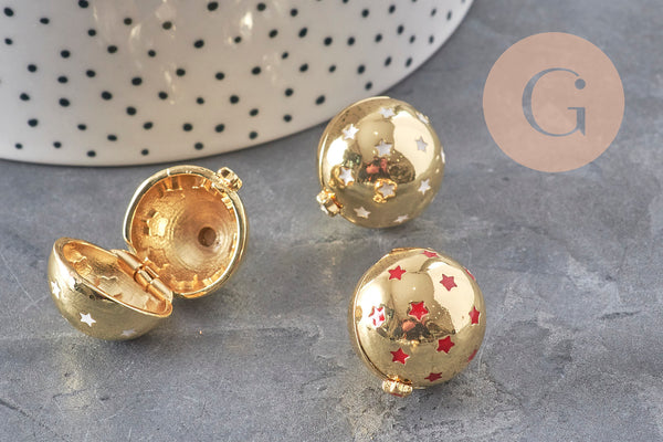 Pendentif locket boule laiton doré 18K étoiles 25mm, x1 (G11147)