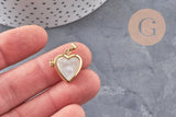 Pendentif locket rond laiton doré 18K coeur nacre naturelle 18.5mm, x1 (G11136)
