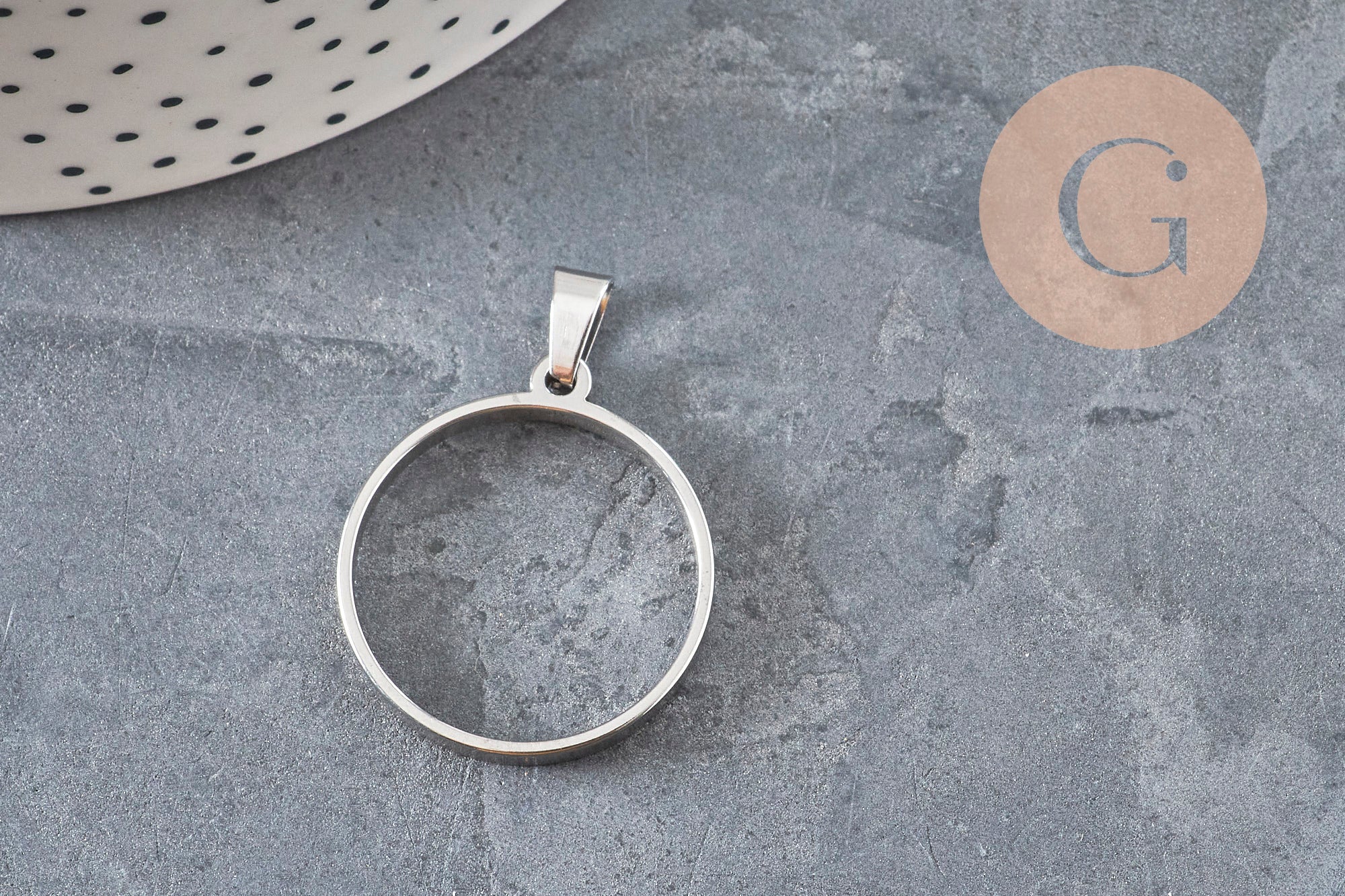 Round 304 Stainless Steel Platinum Open Back Pendant, 28mm, x1 VALID