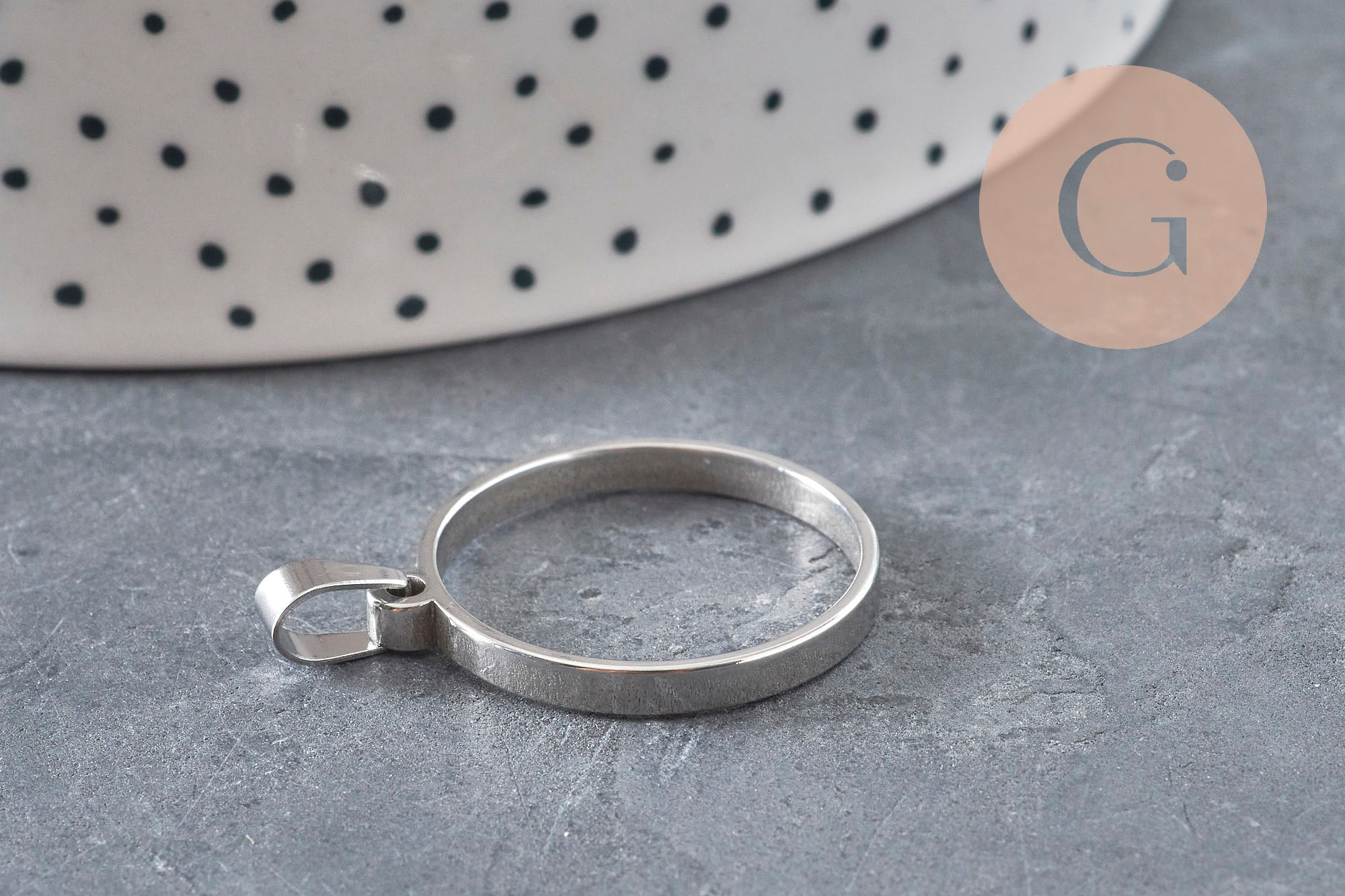Round 304 Stainless Steel Platinum Open Back Pendant, 28mm, x1 VALID