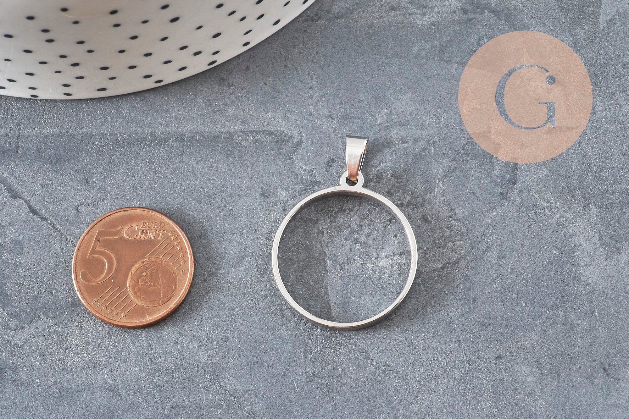 Round 304 Stainless Steel Platinum Open Back Pendant, 28mm, x1 VALID