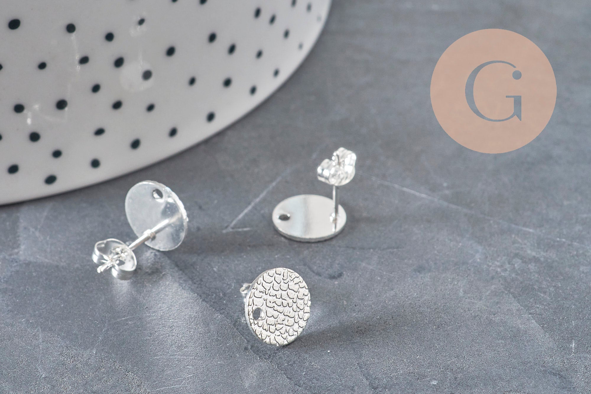 Clous-puces oreille disque texturé acier 304 inoxydable argent 1 trou 12mm, la paire (G11281)