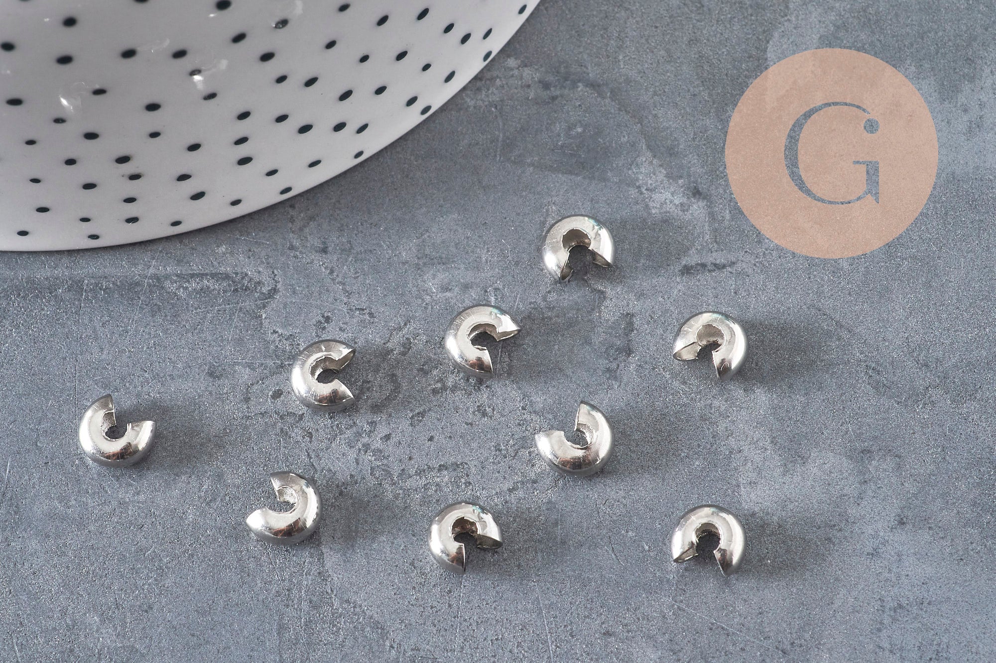 Cubrebolas de engarce de acero 304, platino 8x7mm, x20 VÁLIDO