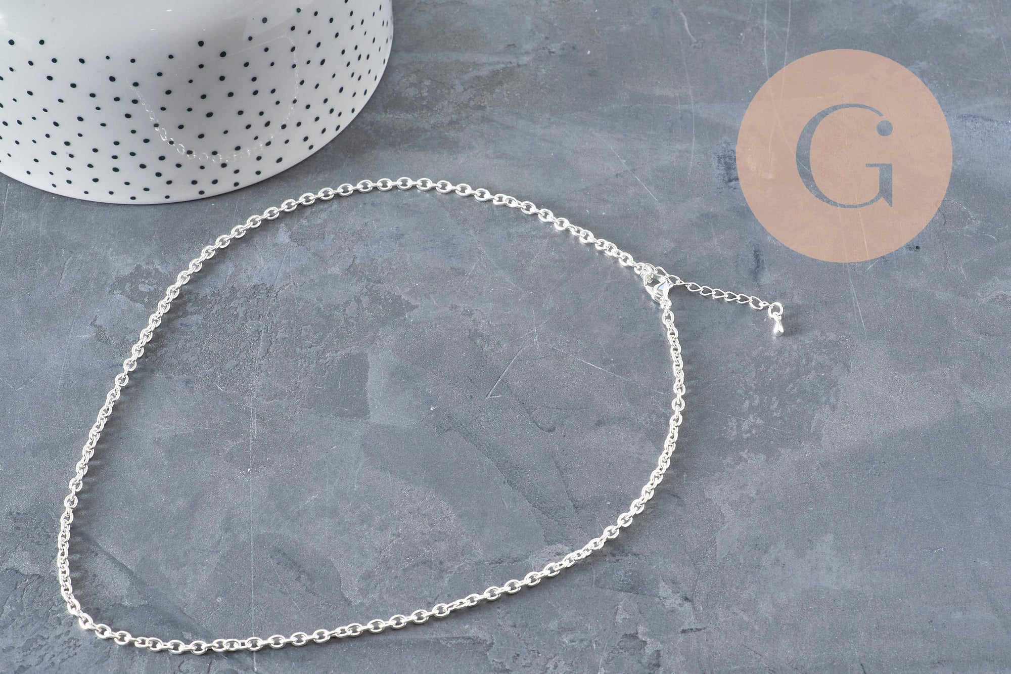 Collar cadena de eslabones forzados de acero inoxidable plateado 4mm/45.5cm + extensión, x1 VÁLIDO