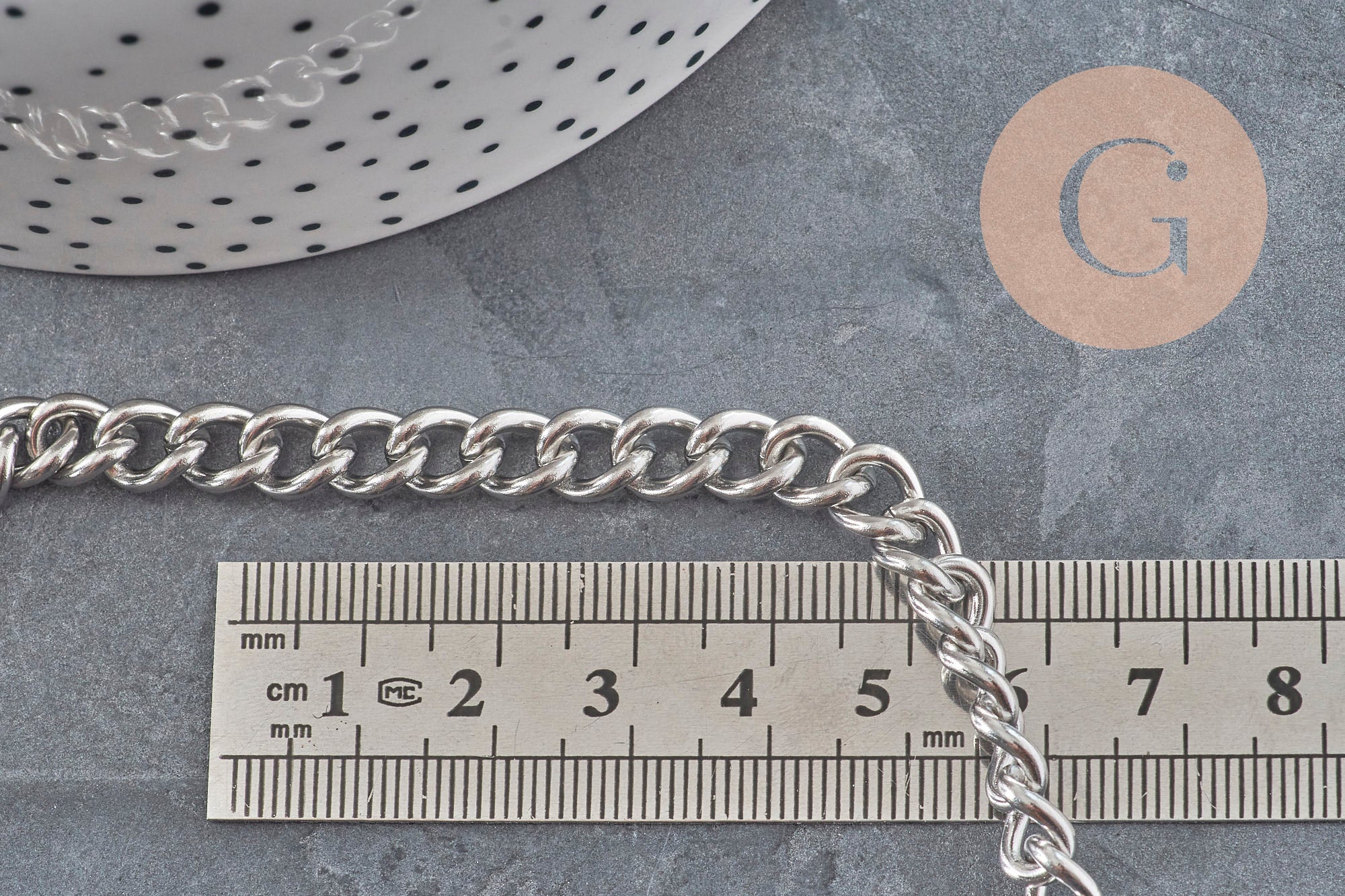 Stainless steel 304 curved chain, 6.5mm platinum, x1 meter VALID