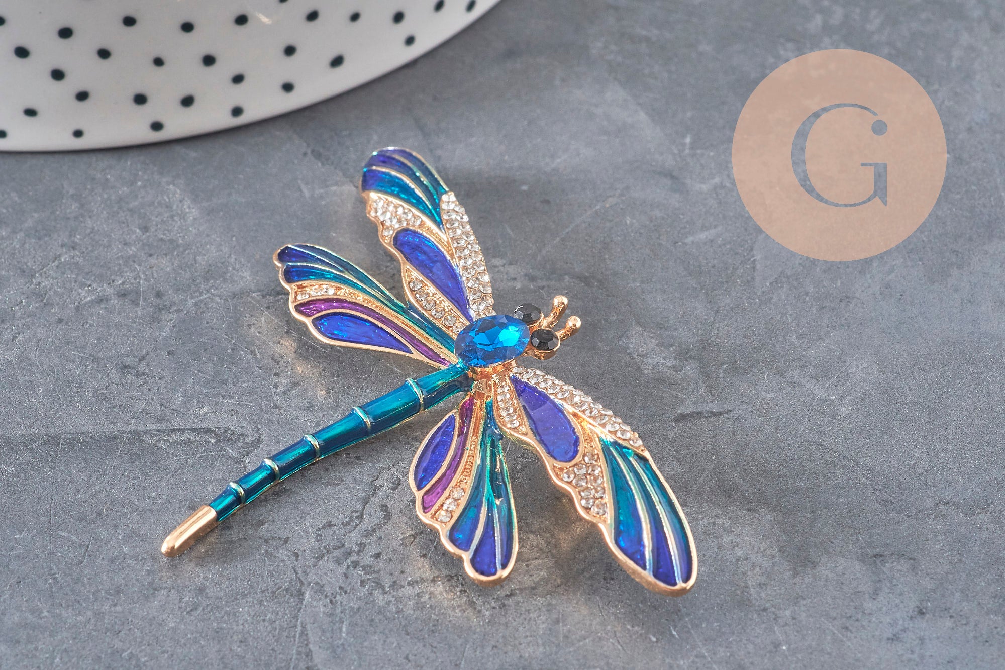 Broche pin Libélula insecto alado zamac dorado azul 74x50mm, x1 VÁLIDO