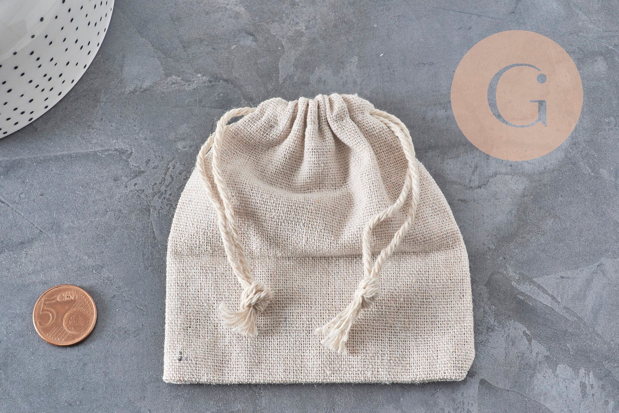 White ecru cotton jewelry pouch 12cm, x1 (G2376)