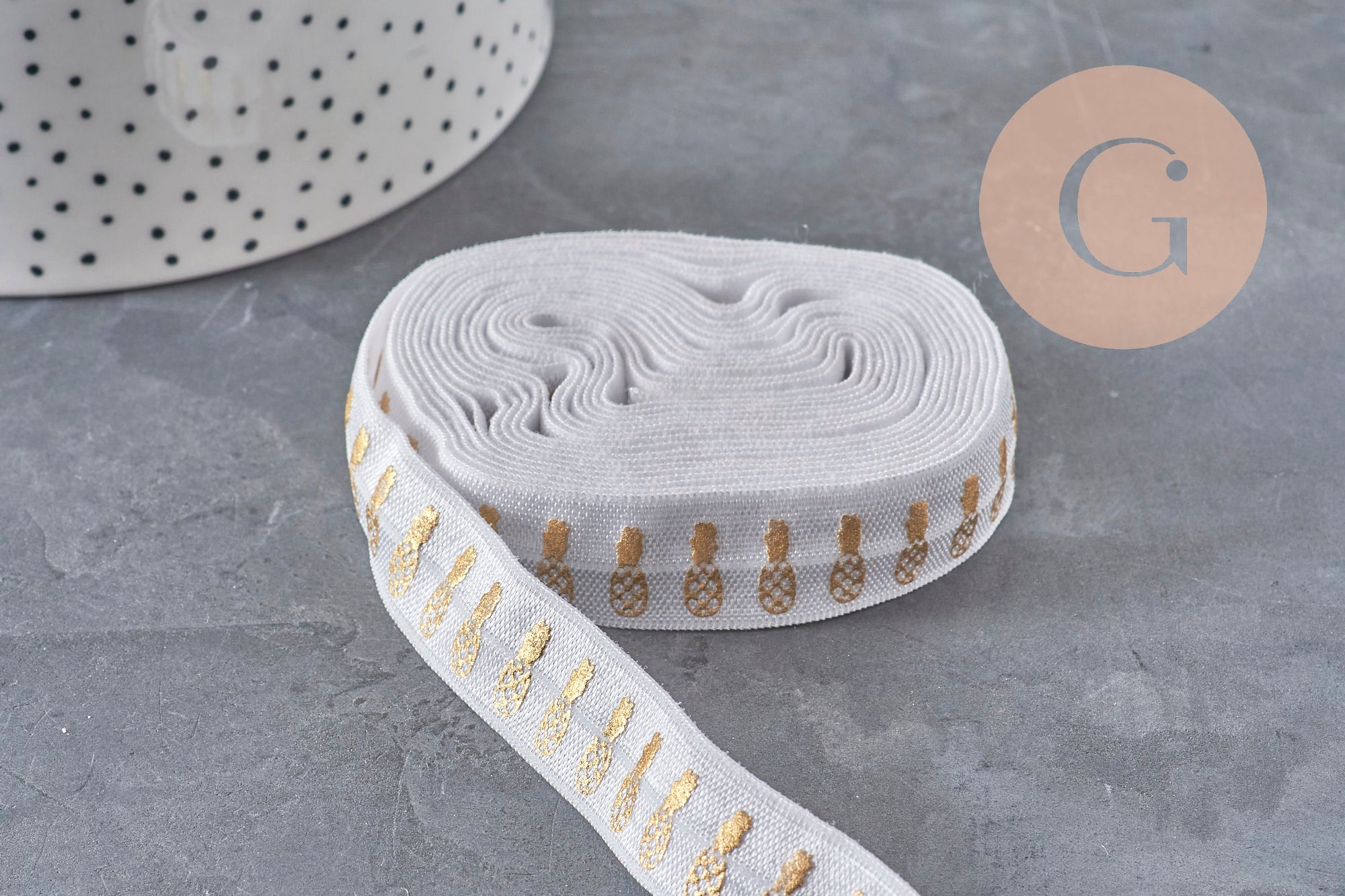 White and gold pineapple elastic ribbon 16mm, x1/5/10 Meter (G2155)