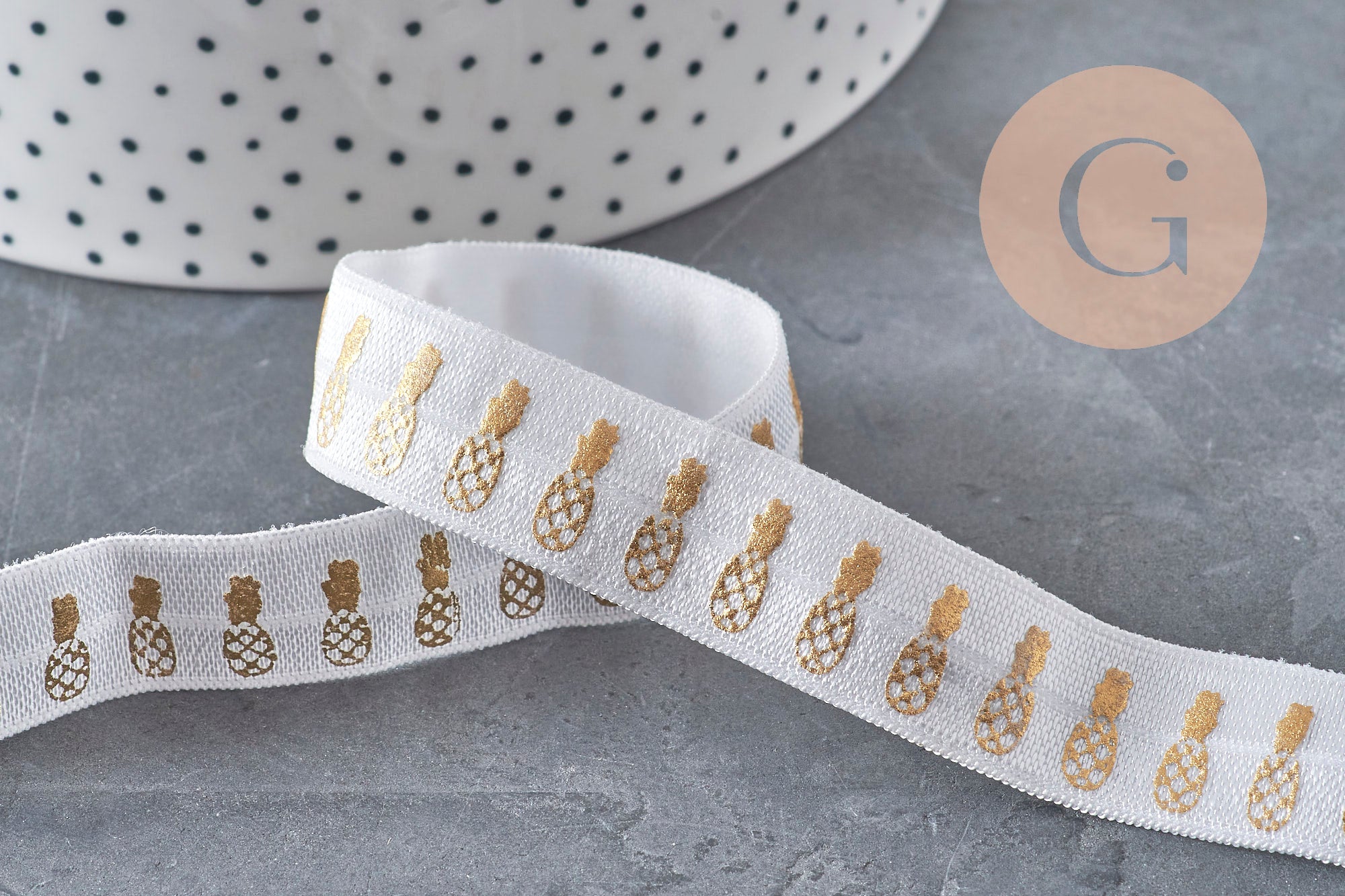 White and gold pineapple elastic ribbon 16mm, x1/5/10 Meter (G2155)