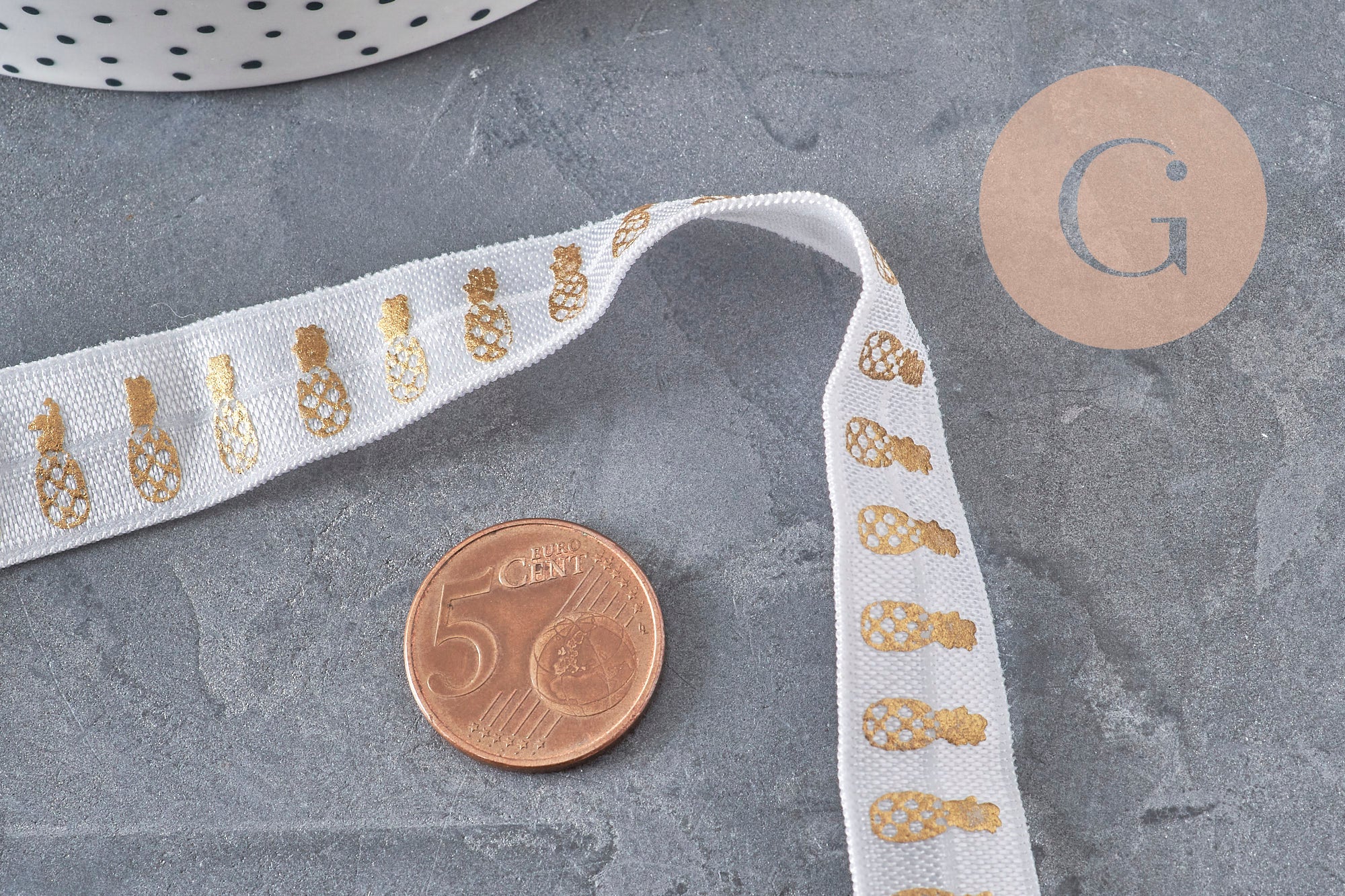 White and gold pineapple elastic ribbon 16mm, x1/5/10 Meter (G2155)