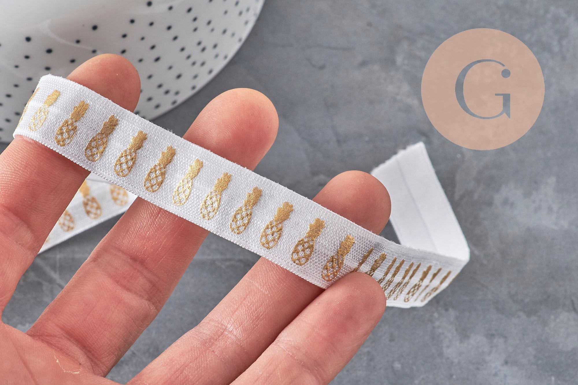 White and gold pineapple elastic ribbon 16mm, x1/5/10 Meter (G2155)
