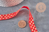 Ruban élastique rouge de 16mm avec motifs cœurs dorés pour bijoux DIY, scrapbooking et emballages cadeaux.