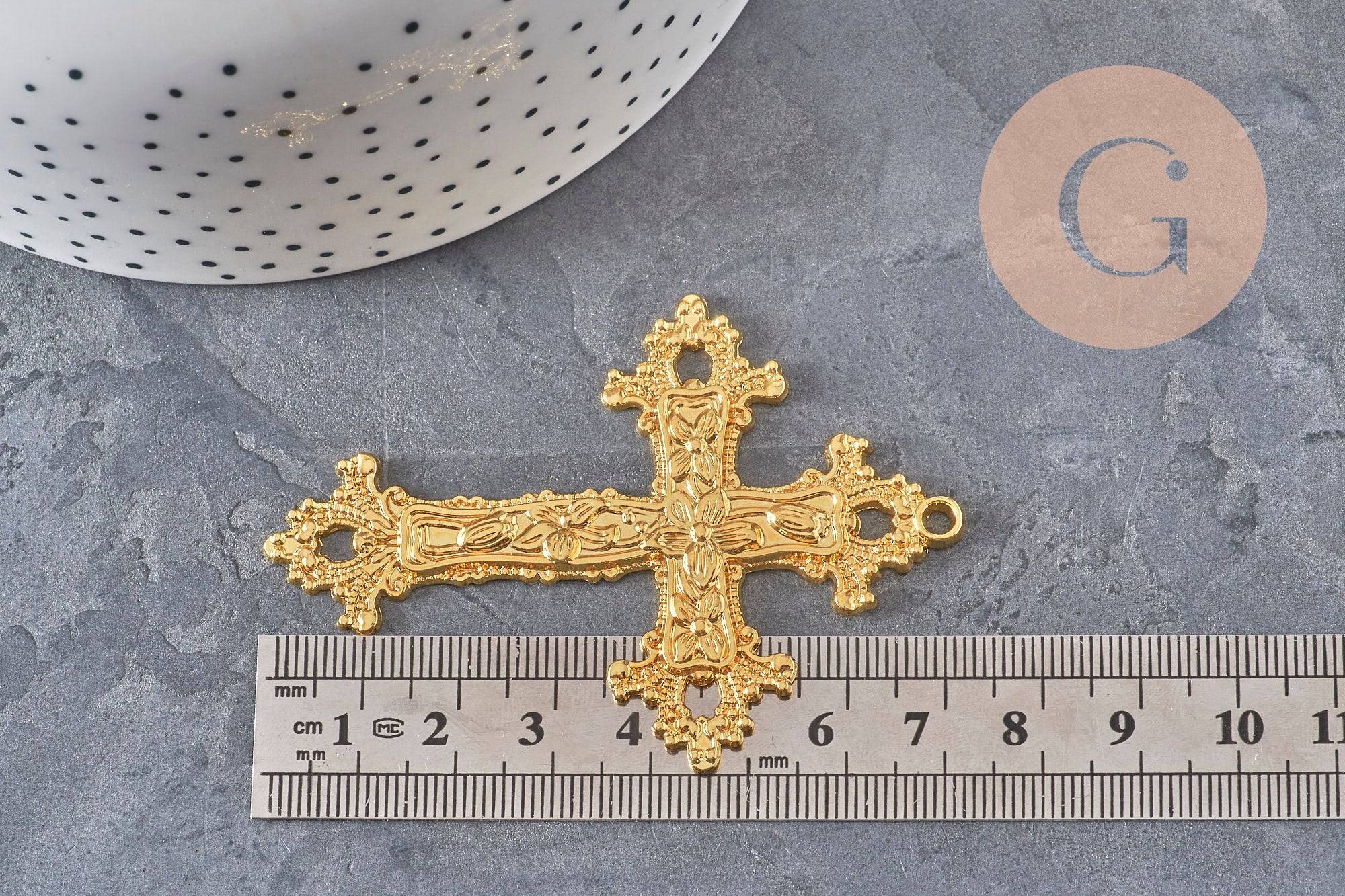 Gold zamak cross pendant with flowers 74mm, x1 VALID