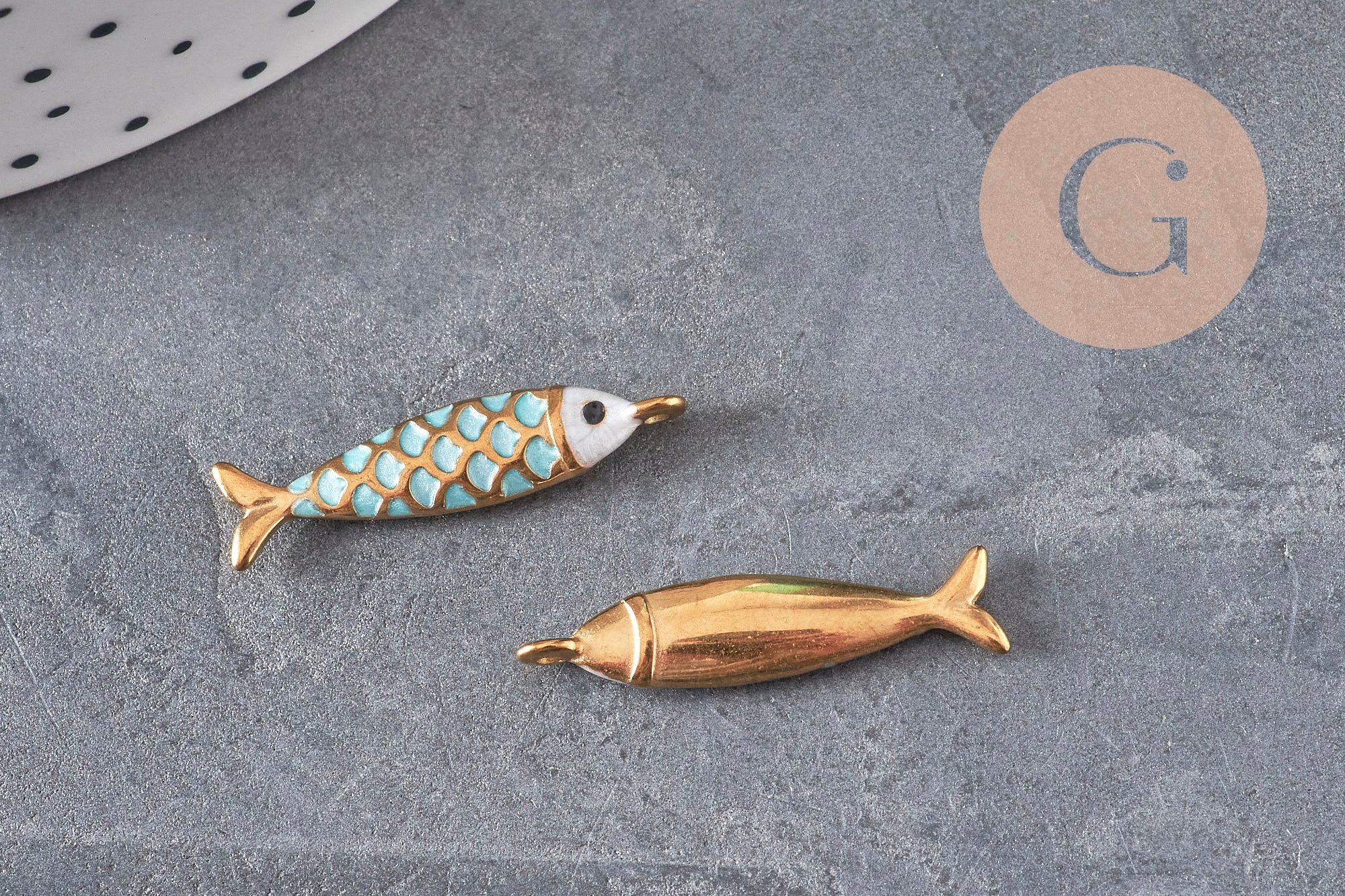 Colgante pez acero inoxidable 304 dorado turquesa 25.5mm, x1 VÁLIDO
