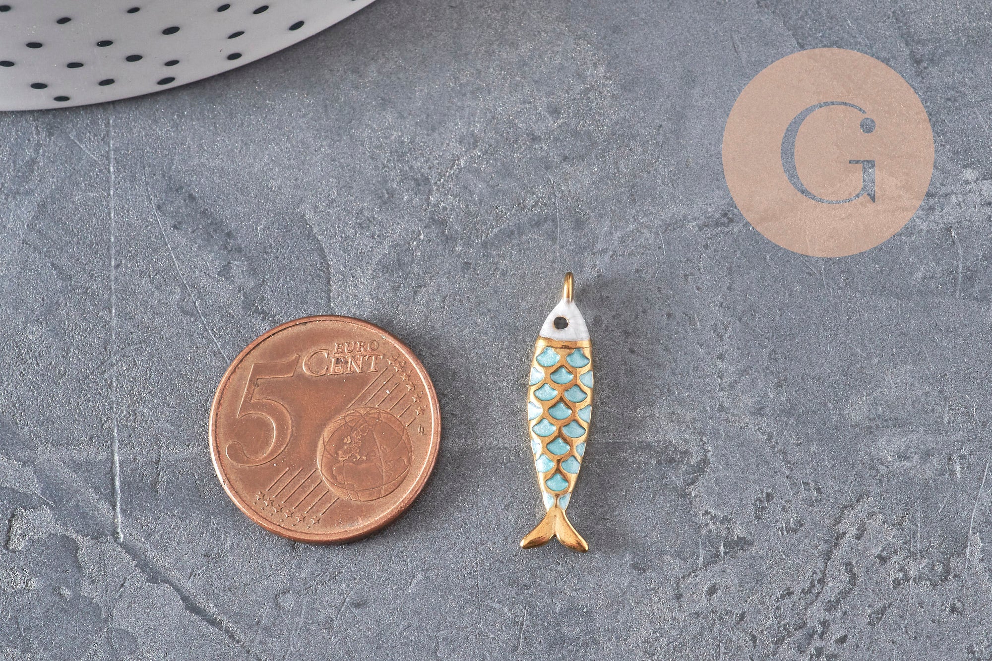 Colgante pez acero inoxidable 304 dorado turquesa 25.5mm, x1 VÁLIDO