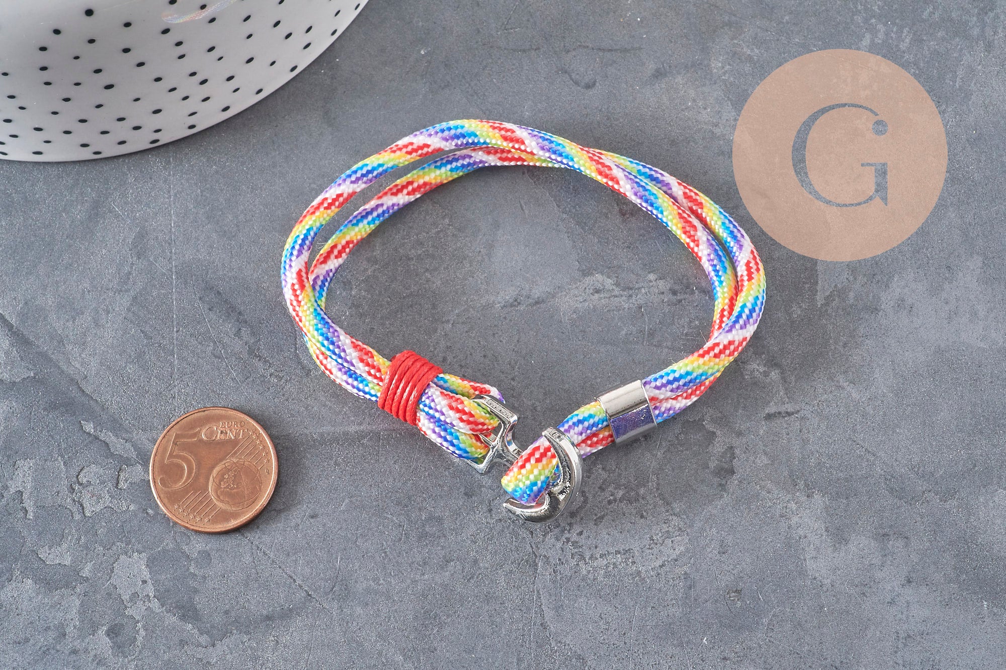 Pulsera ajustable cordón poliéster ancla zamak platino 21.5cm, x1 VÁLIDO