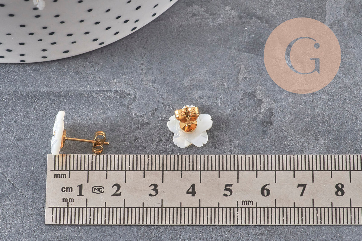 Boucles puce fleur nacre naturelle acier inoxydable doré PVD, x1 (G11305) VALIDE-Boucles d'oreilles-Gingerlily Perles