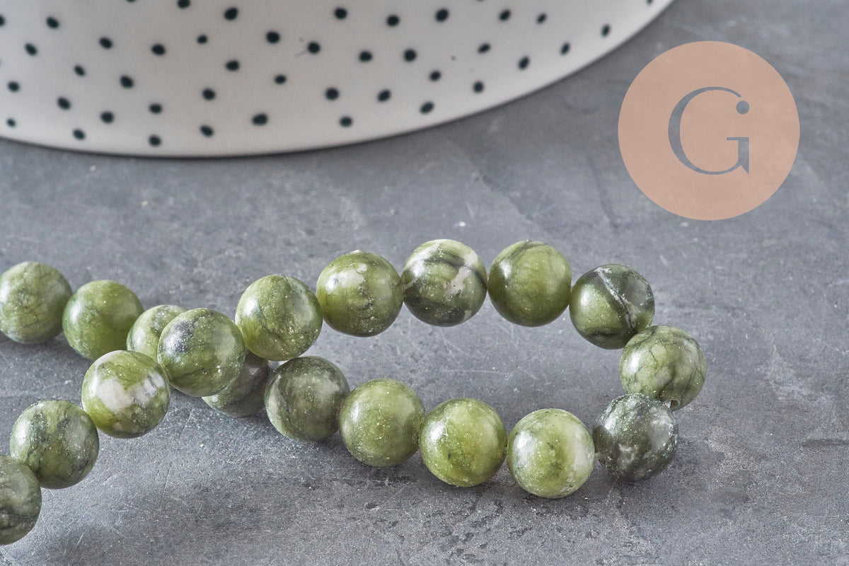 Perle jade vert olive ronde naturelle 8mm, x1 fil de 38cm (G11341)