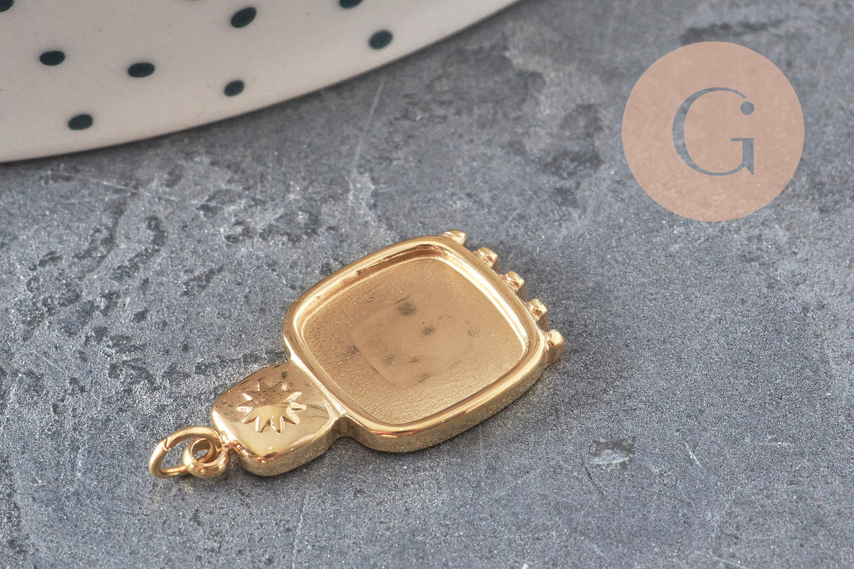 Pendentif carré cabochon 10mm acier inoxydable doré IP 21mm, x1-Breloques et pendentifs-Gingerlily Perles