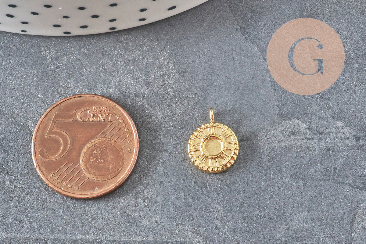 Round sun pendant 304 stainless steel 14K IP gold-plated 12.5mm, x1 (G8774)