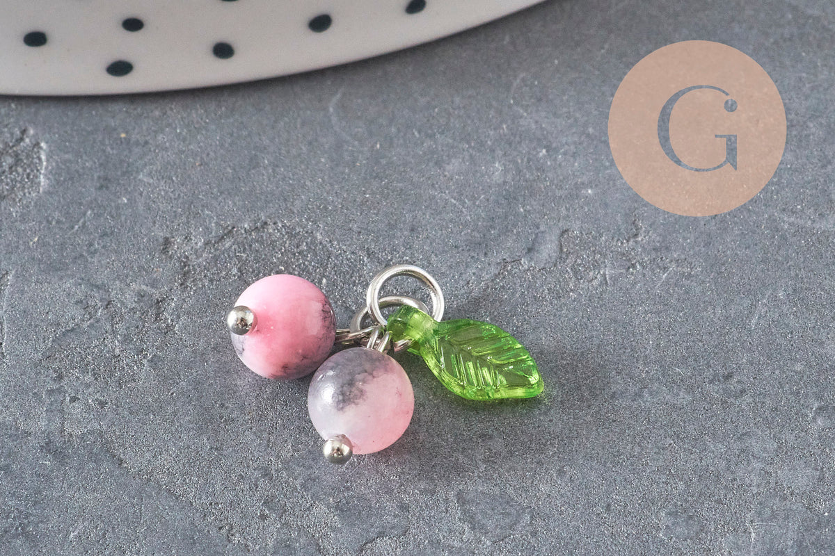 Breloque fruit cerise jade persan naturel teinté acier inoxydable platine 14mm, x1 (G11379)
