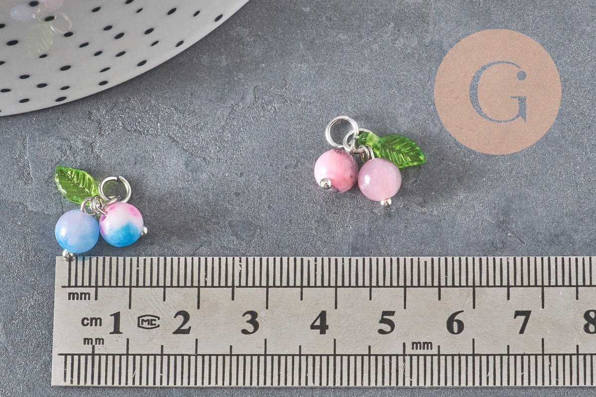 Breloque fruit cerise jade persan naturel teinté acier inoxydable platine 14mm, x1 (G11379)