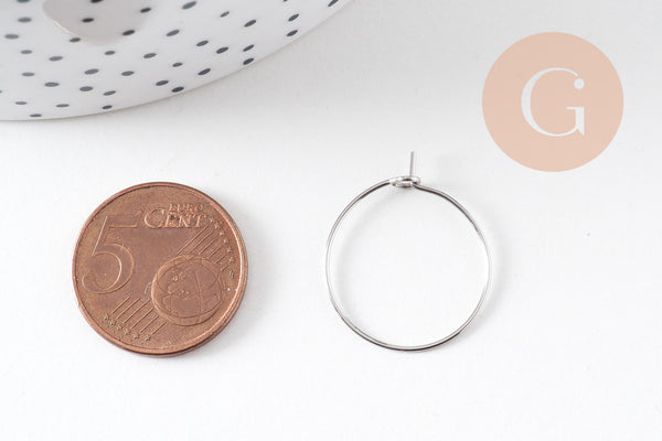 Anneaux créoles acier 304 inoxydable platine 20mm, x20-50-100 (G10846)