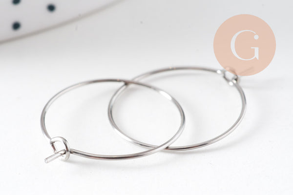 Anneaux créoles acier 304 inoxydable platine 20mm, x20-50-100 (G10846)