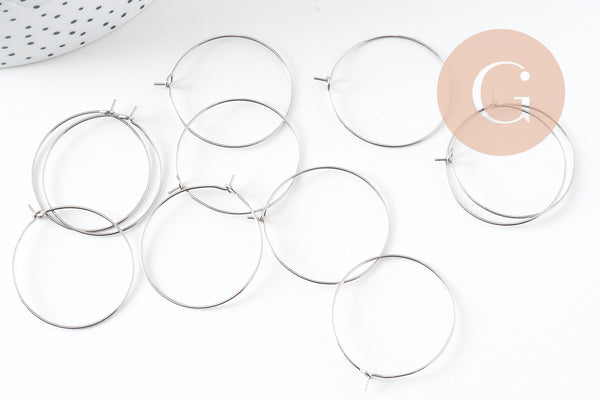 Anneaux créoles acier 304 inoxydable platine 30mm, x20-50-100 (G10844)