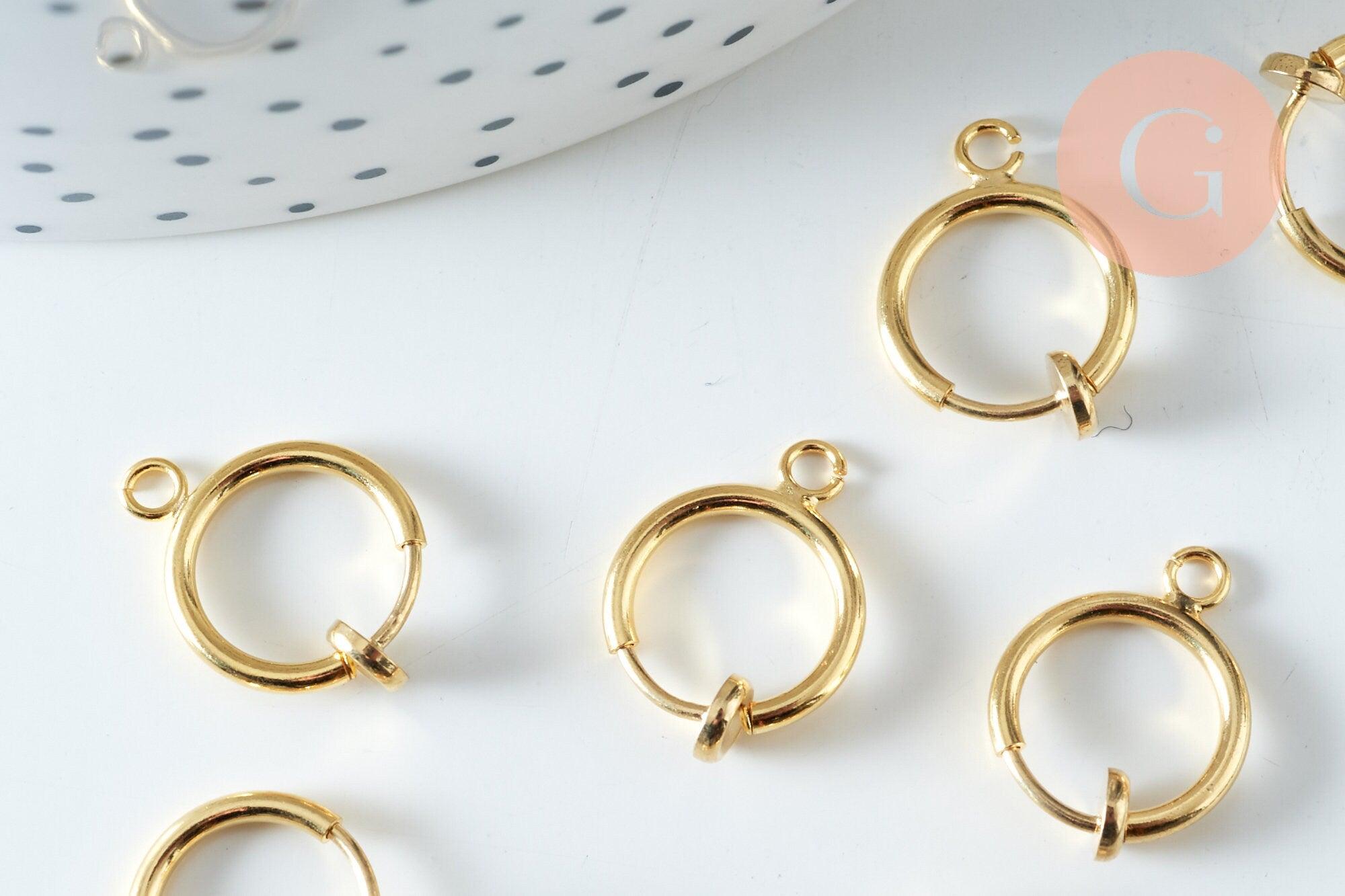 Anneaux créoles dorés pour oreilles non percées 15.5mm, création boucles, la paire (G6355)